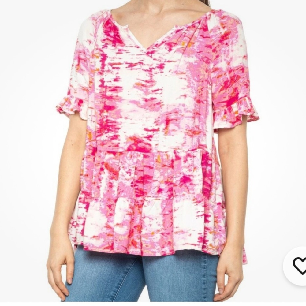 Beachlunchlounge Pink and White Ruffled Blouse